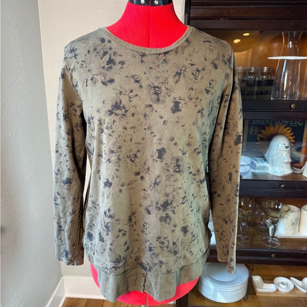 Yerse Olive Green Floral Long Sleeve 100% Cotton Top Size M
